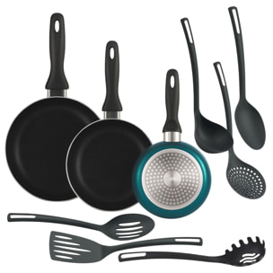 set de 3 sartenes ø16ø20ø24cm de aluminio prensado en azul metalizado + 6 utensilios de cocina en pbt color negro