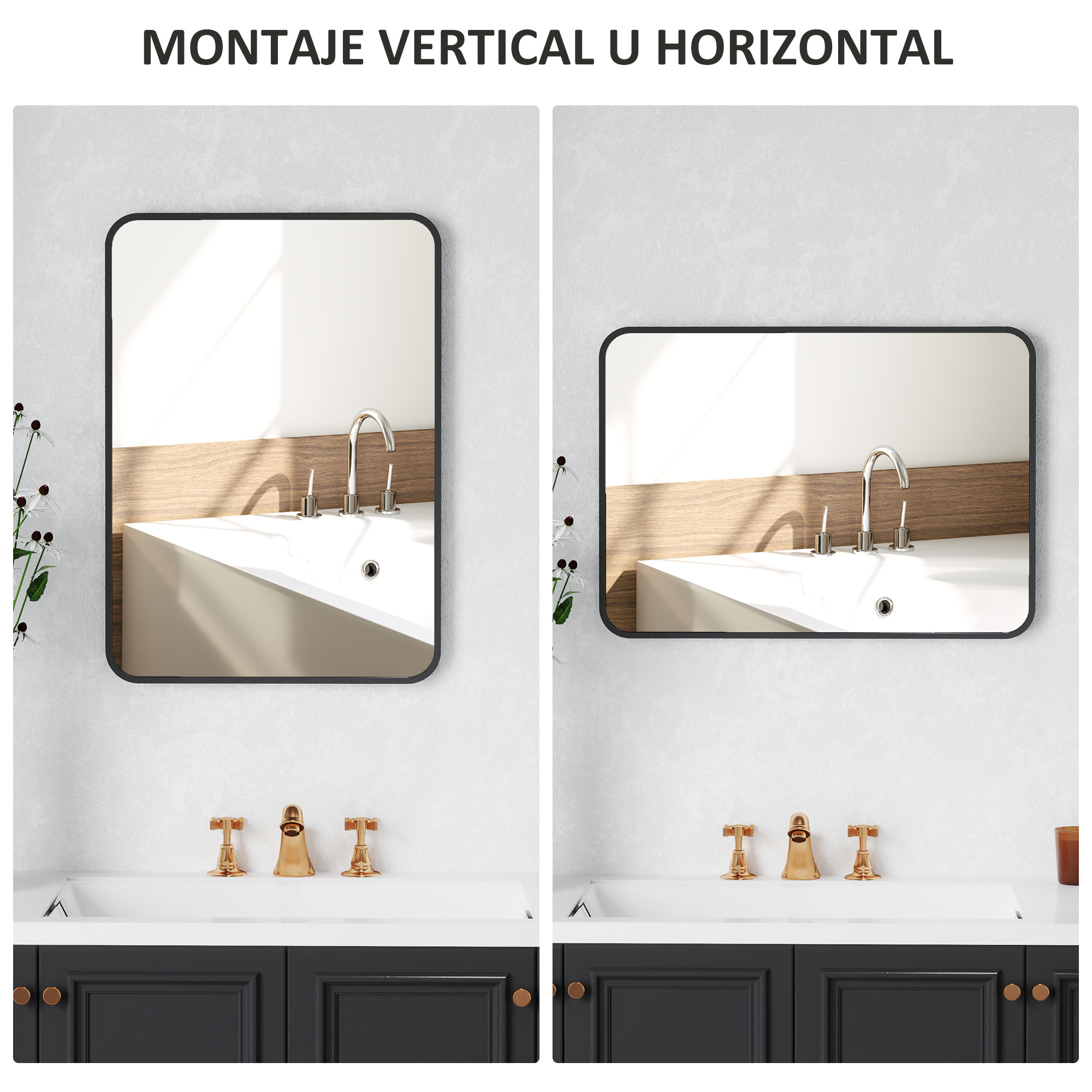 Espejo de Baño 50x70 cm Espejo Rectangular Espejo de Pared con Marco de Metal Vertical u Horizontal para Recibidor Sala de Estar Negro