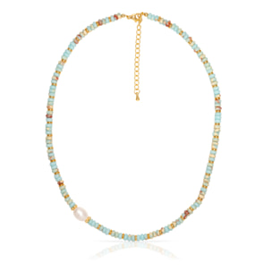 Collar de piedras Shou shan, perla blanca natural y cierre de mosquetón.