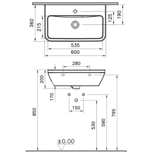 Integra Lavabo suspendu 60x36 cm avec trou pour robinetterie au milieu, Blanc (7088-003-0001)