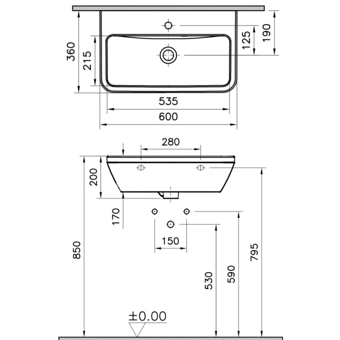 Integra Lavabo suspendu 60x36 cm avec trou pour robinetterie au milieu, Blanc (7088-003-0001)