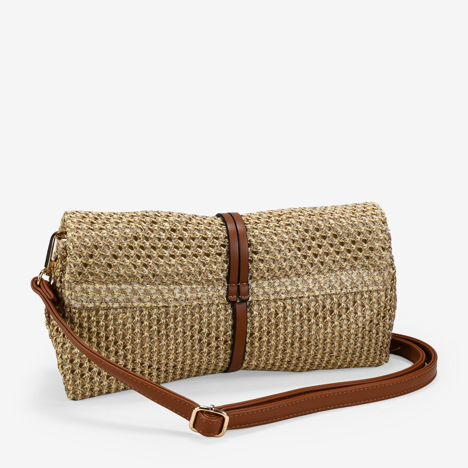 Bolso bandolera dorado con malla de rafia