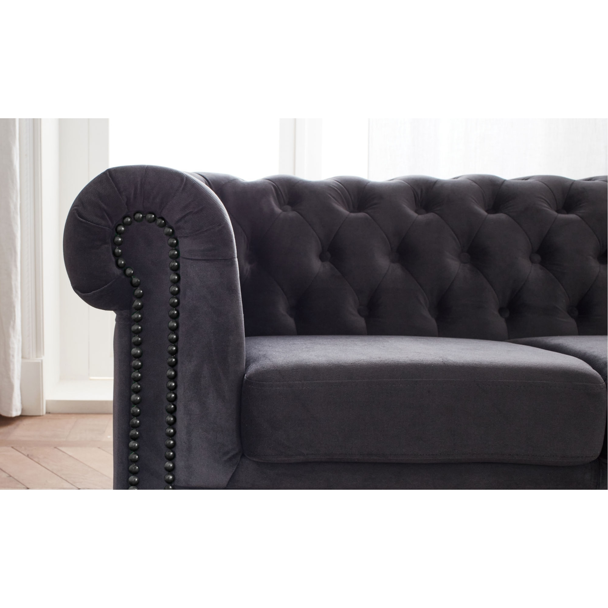 William - canapé Chesterfield d'angle réversible - 5 places - en velours - Gris foncé