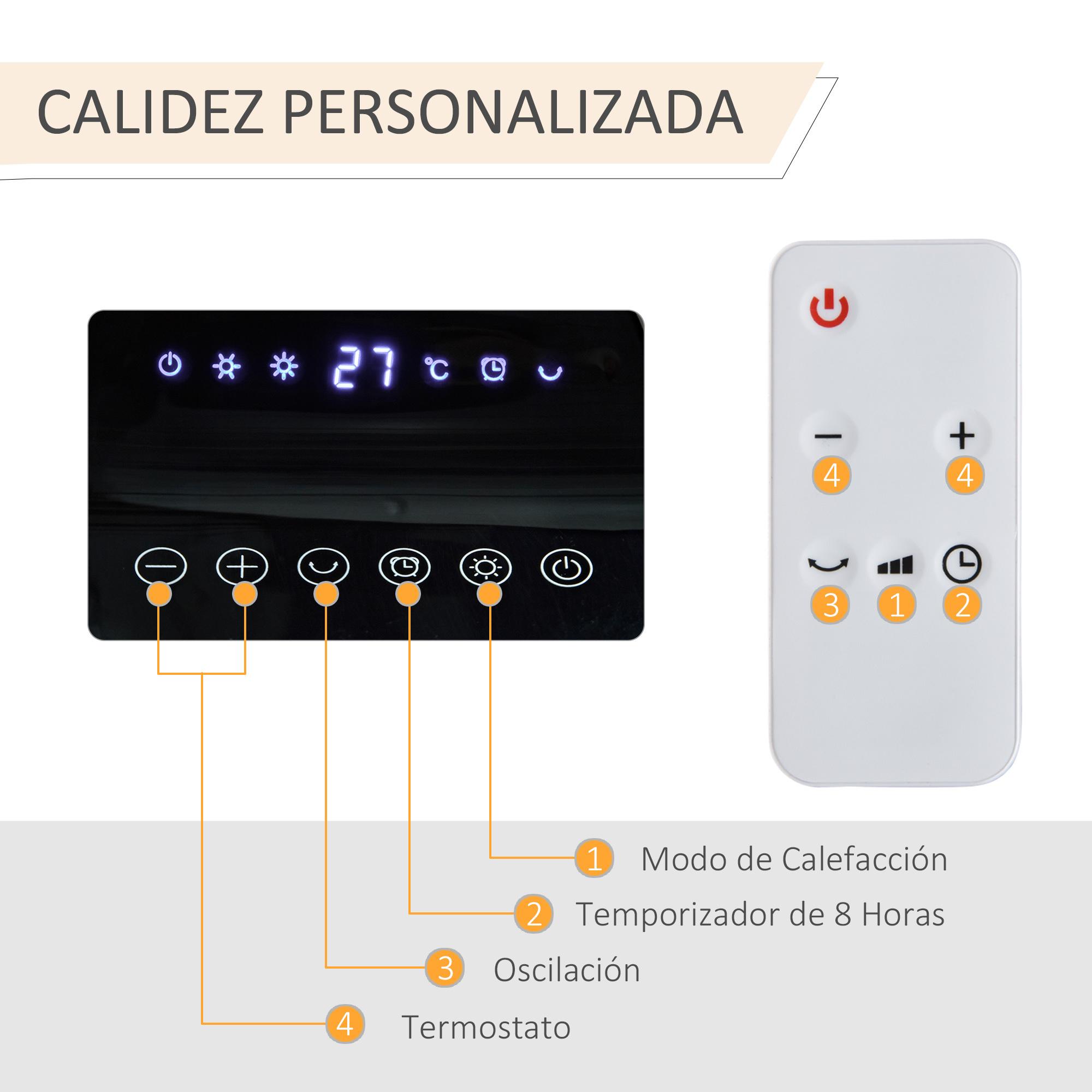 HOMCOM Calefactor Cerámico 1000W/2000W con Mando a Distancia Pantalla LED 3 Modos de Viento Temporizador de 8H Termostato y Oscilación 42° para 25 m² 17,6x13,7x50 cm Blanco