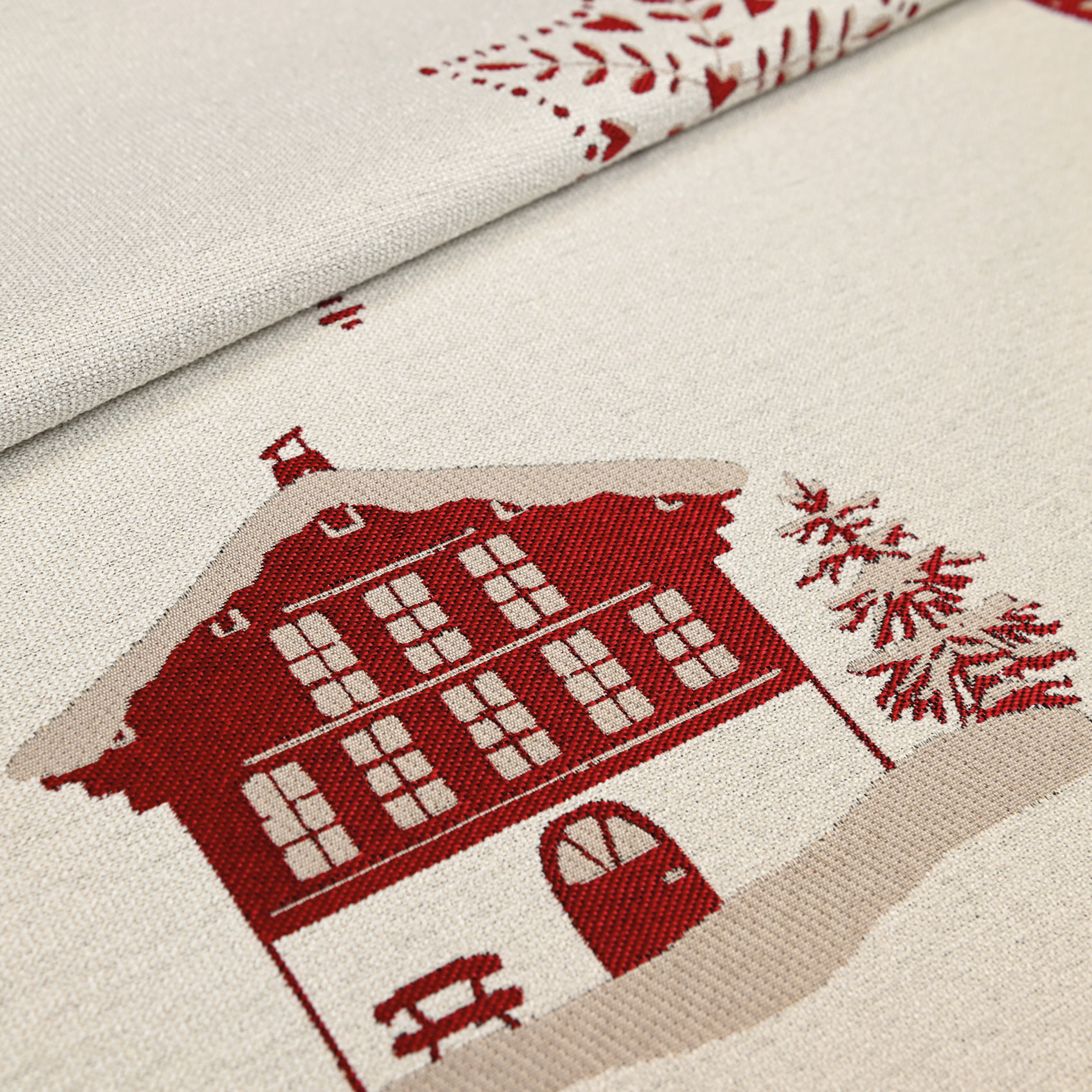 Tissu jacquard d’ameublement avec motifs chalets et cœurs - Rouge