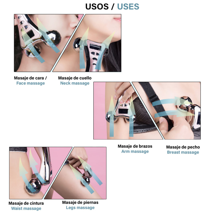 Massaggiatore facciale e corporeo. Funzioni di vibrazione, microcorrenti e luce infrarossa. Massaggia, libera le tensioni e migliora la tua pelle.