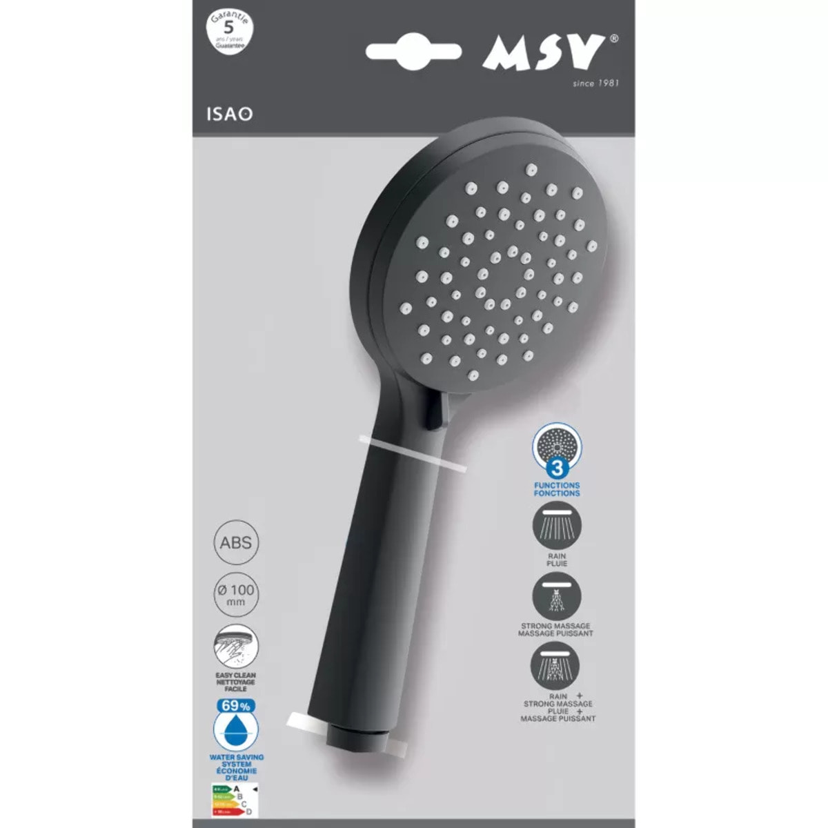 Pommeau de douche MSV Isao Ø 100 mm avec flexible 150 cm – 3 fonctions – Économie d'eau 69 % – Noir matt