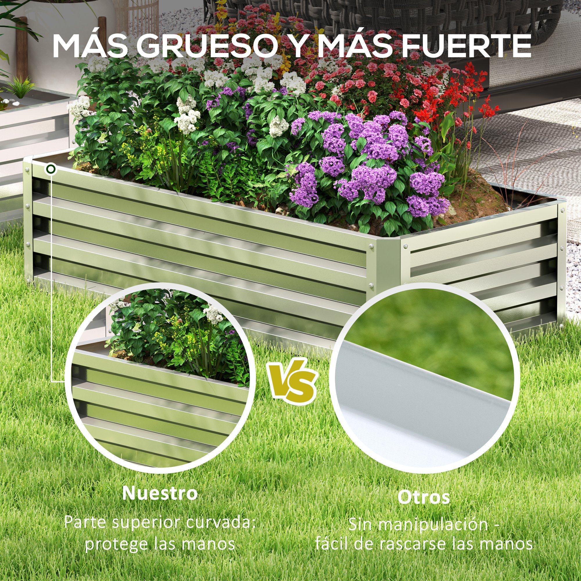 Jardinera Exterior Grande de Acero Galvanizado, Huerto Urbano Elevado para Cultivar Plantas, Flores, Hierba, Macetero Exterior Rectangular con Fondo Abierto, 120x60x30,5 cm, Plata