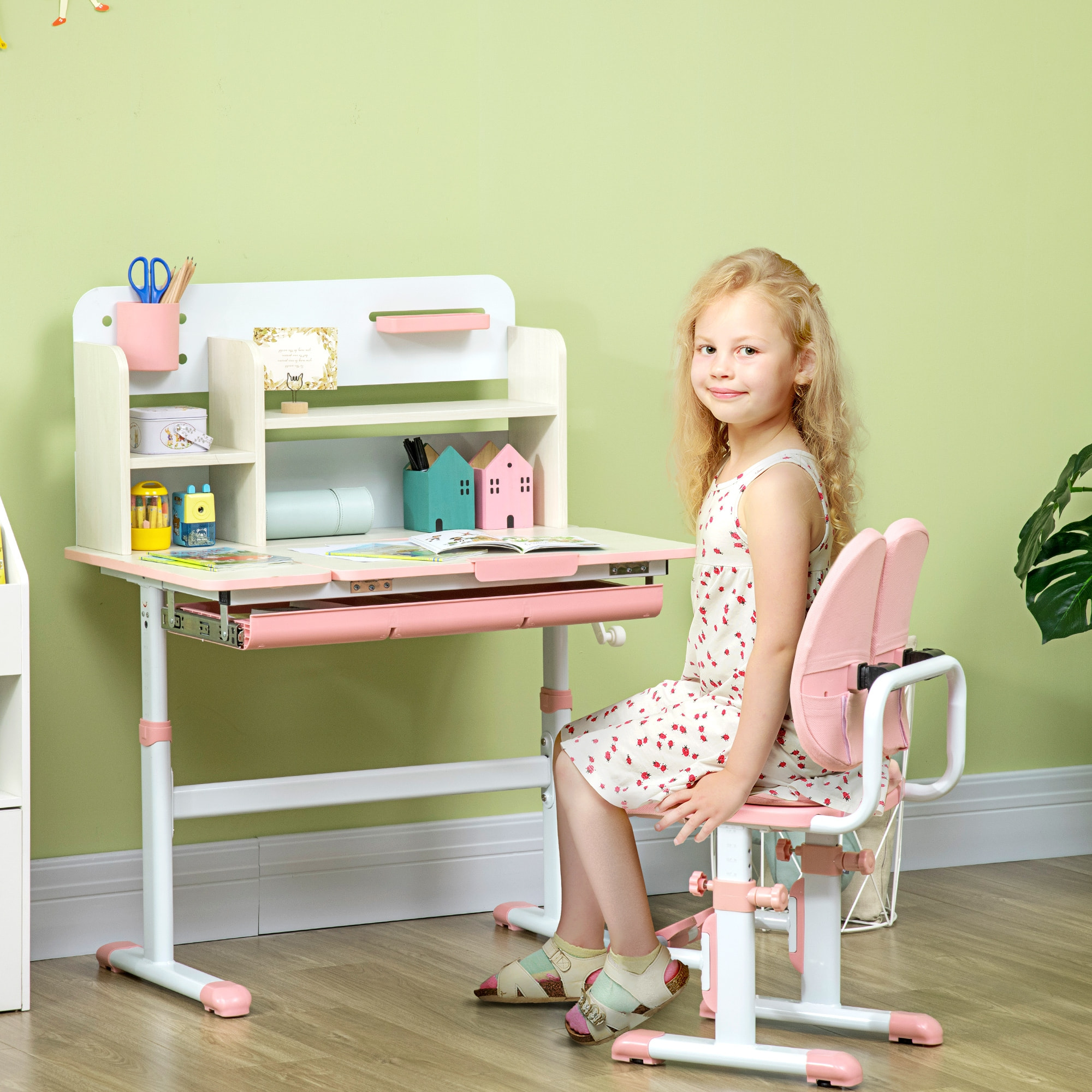 Juego de Escritorio y Silla para Niños de +3 Años Pupitre Infantil Altura Ajustable con 1 Cajón 1 Estante para Libros y Tablero de Mesa Inclinable 80x52x88-109 cm Rosa y Blanco