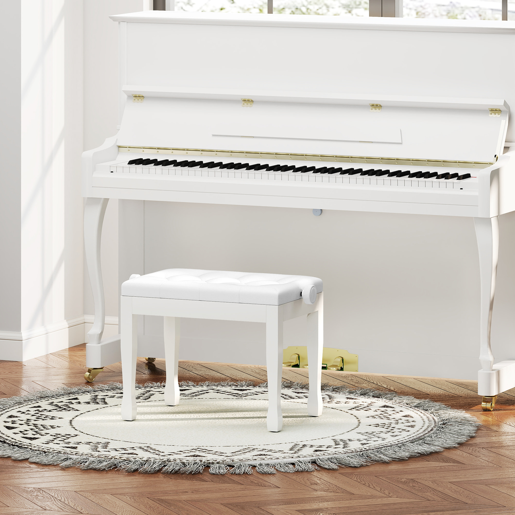 Banco de Piano, Altura Ajustable, Banqueta de Piano con Asiento de Cuero Sintético, Patas de Madera, Carga Máxima 200 kg, 64x35x55 cm, Blanco