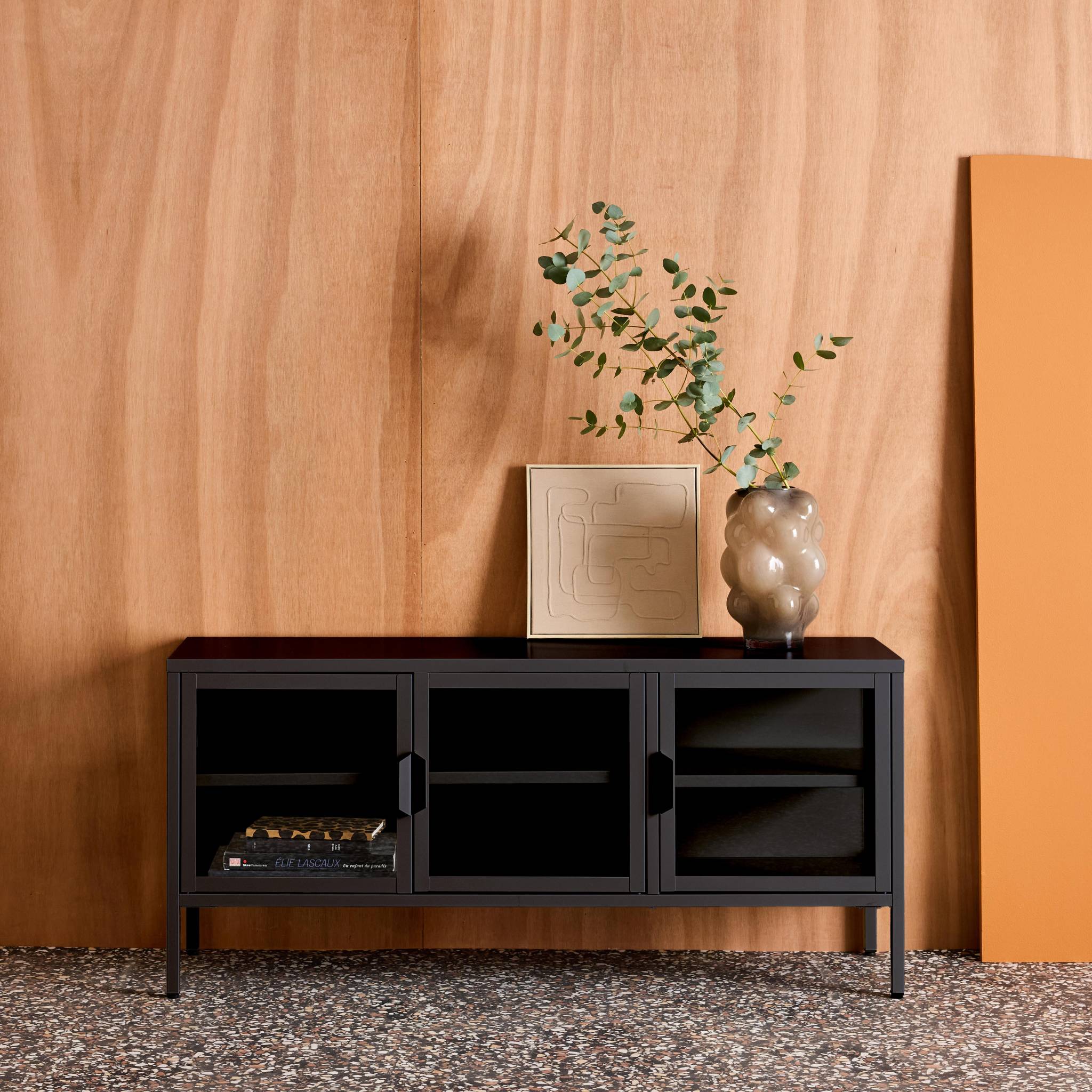 Meuble TV industriel métal et verre trempé 3 portes 120cm ARKANSAS