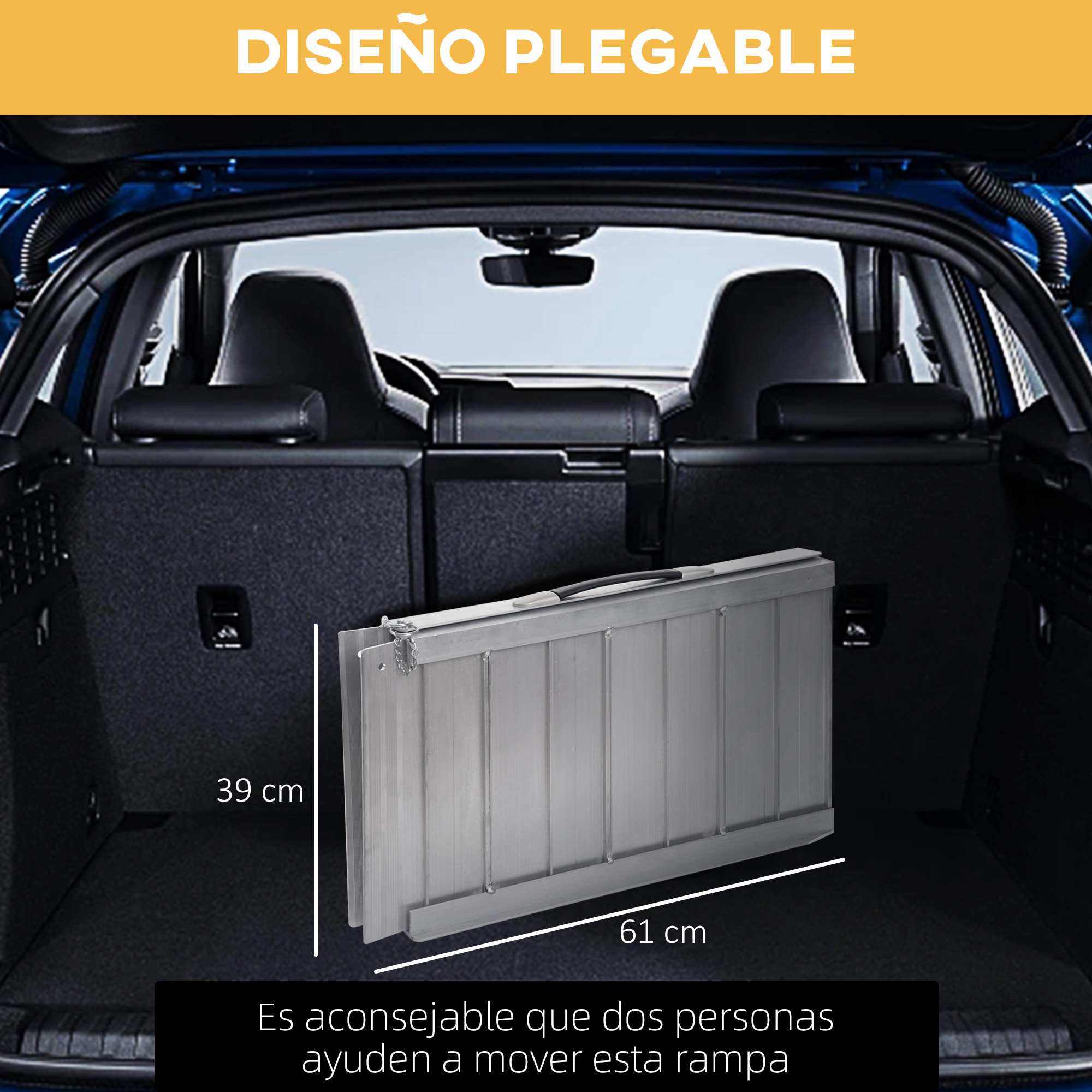 Rampa para Sillas de Ruedas Plegable, 61 cm, Carga 270 kg, Rampa Portátil de Aluminio Antideslizante con Bordes de Seguridad y Asa, para Escaleras, Puertas, Discapacitados