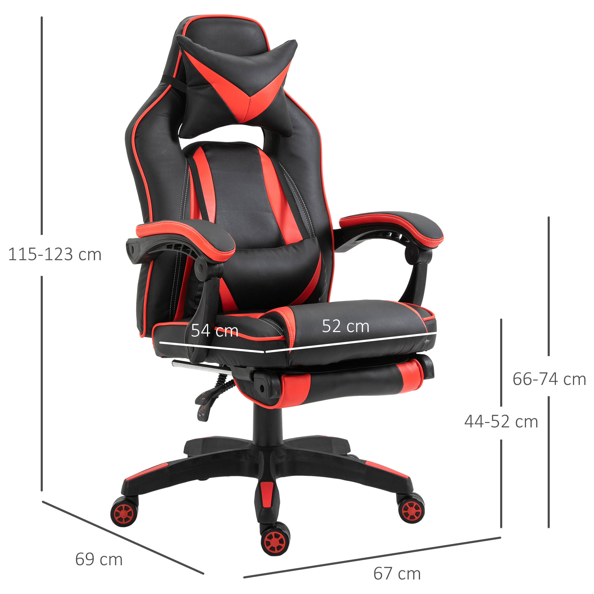 HOMCOM Fauteuil gamer grand confort fauteuil de bureau gamer pivotant inclinable avec coussins et repose-pieds revêtement synthétique noir rouge