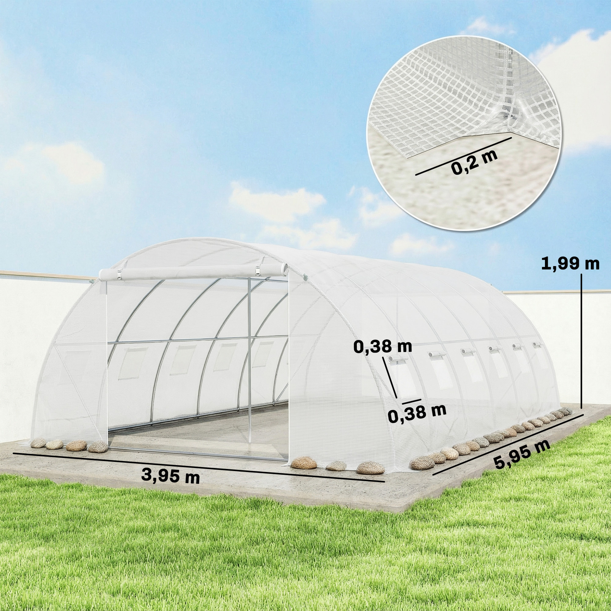 Invernadero de Exterior 6x4x2 m, Invernadero de Túnel con 2 Varillas de Soporte, Puertas Enrollables, Ventanas de Malla, Cubierta PE y Marco de Acero Galvanizado, Anti-UV, Impermeable, Blanco