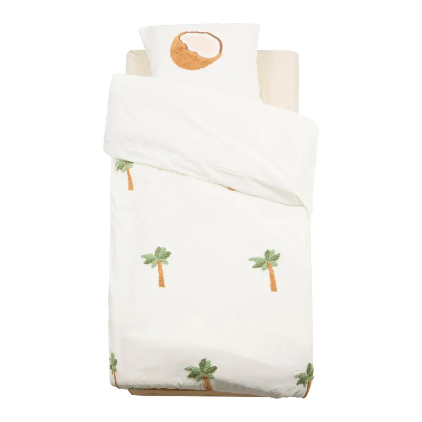 Parure de Lit Tufy 140x200 cm Blanc Imprimé Palmier et Noix de Coco