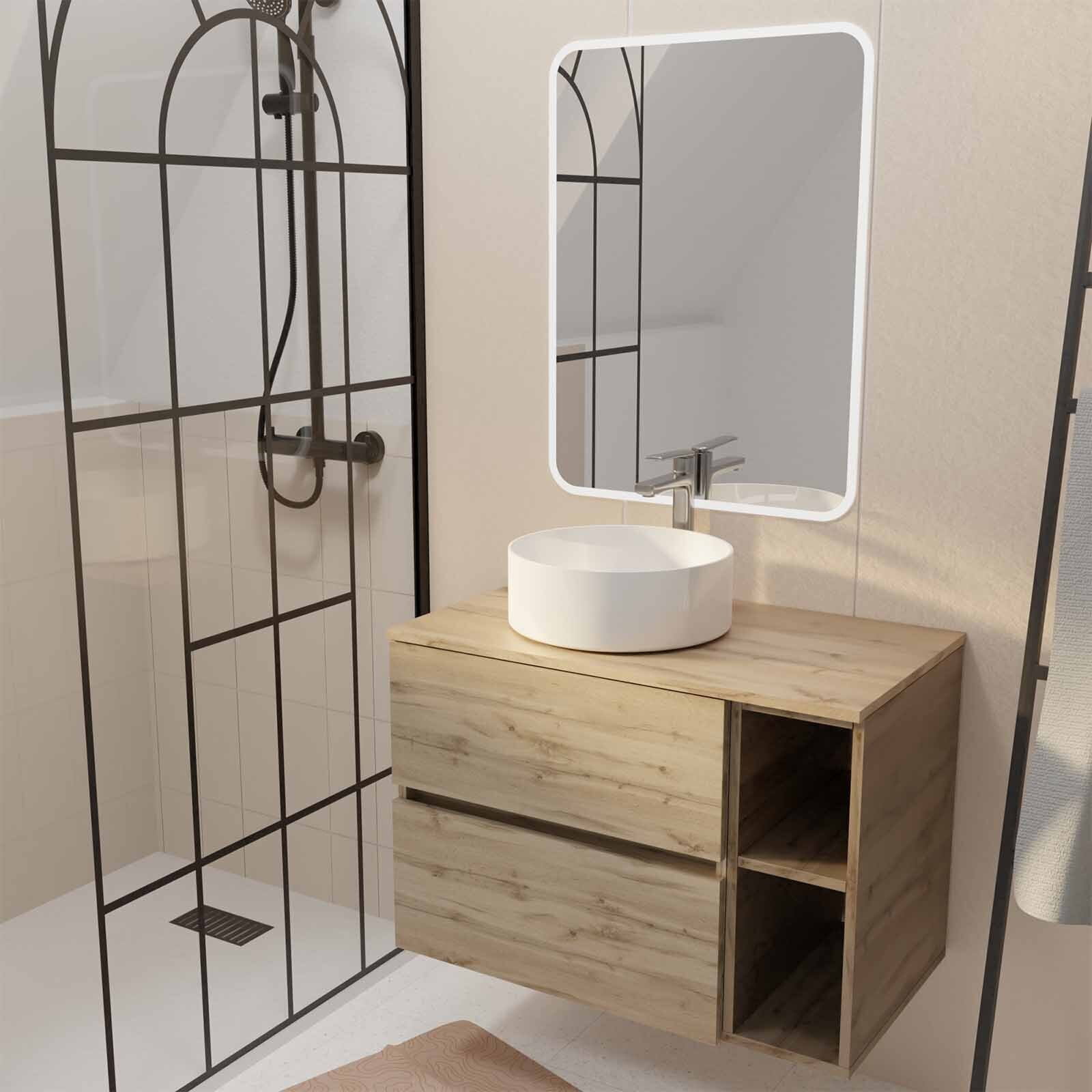 Meuble salle de bains 80 TIMBER Décor Chêne Tiroirs + Module - Vasque Blanche - Miroir 60x80 LED