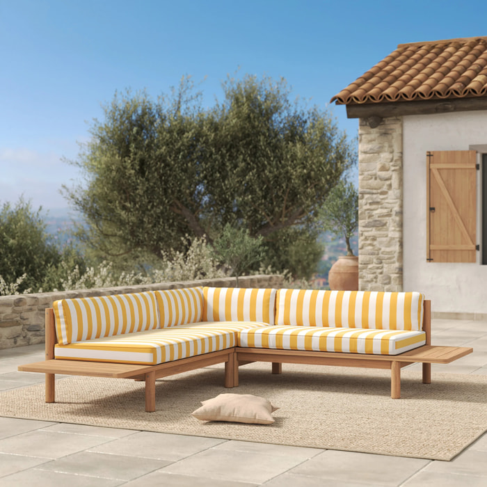 Canapé d'angle de jardin, teck massif, coussins rayés jaunes 4 places - Nadila