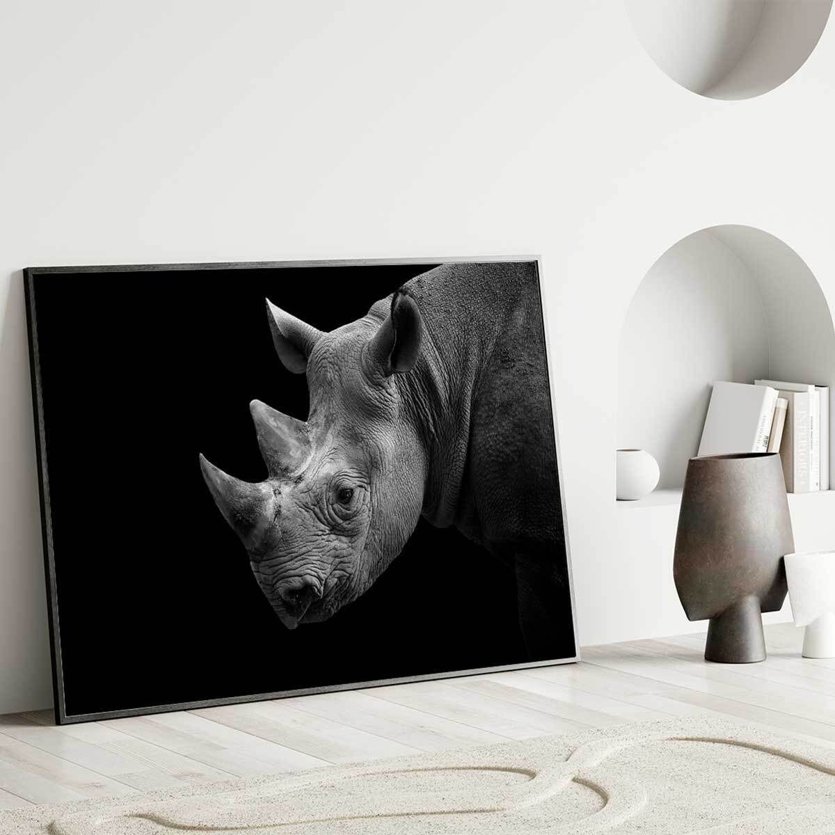 Affiche encadrée rhinocéros de profil en noir et blanc Affiche + cadre en métal - Noir