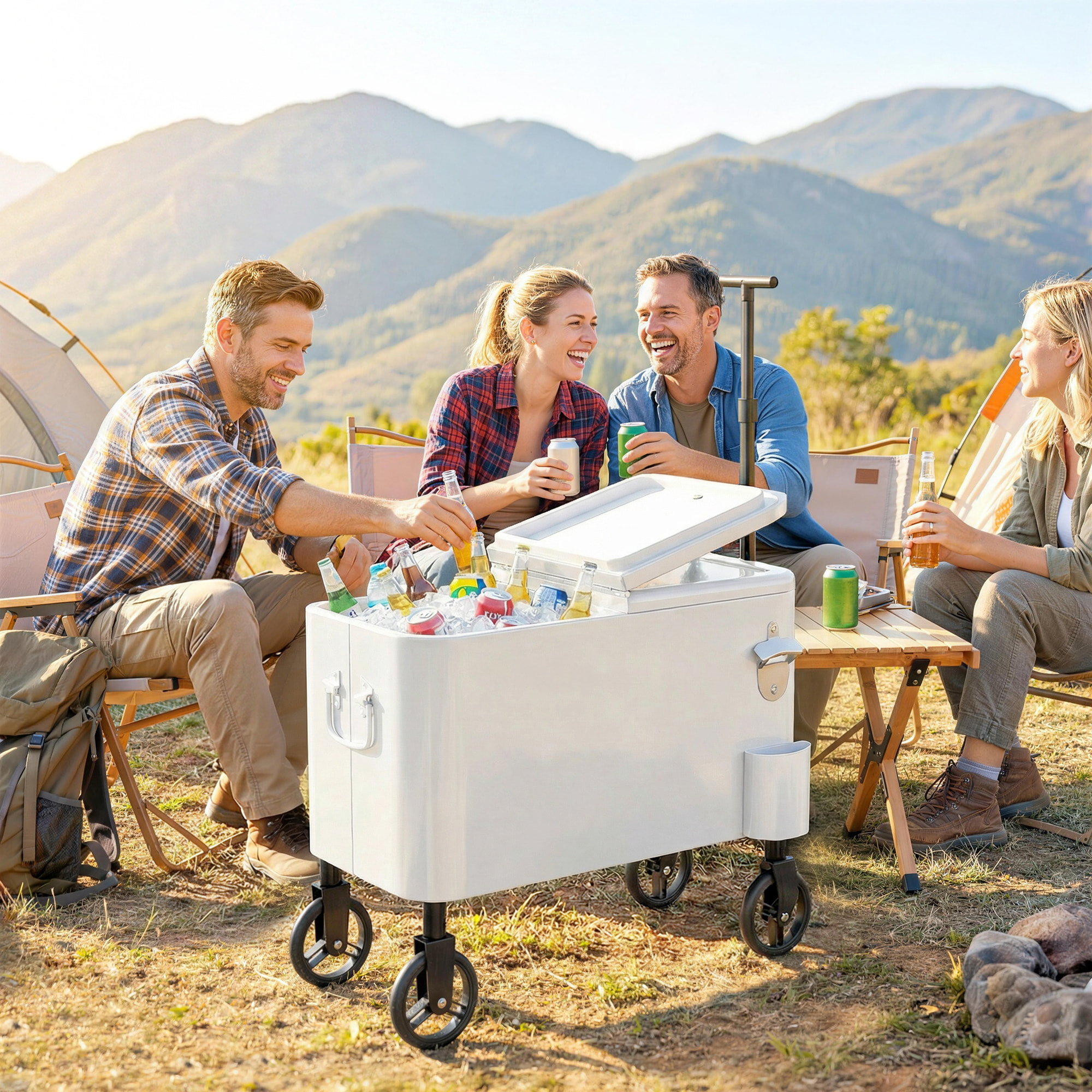 Carrito Nevera de 56L con Ruedas, Carro de Bebidas con Mango Ajustable, Abrebotellas, Recogetapas, Drenaje y Asa, Mesa Nevera Jardín Exterior para Patio, Fiesta, BBQ, 75x35x120 cm, Blanco