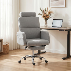 Silla de Escritorio con Reposapiés Tapizada en Borreguito Silla de Oficina con Respaldo Reclinable Reposacabezas Ajustable Respaldo Alto Altura Ajustable Gris Claro