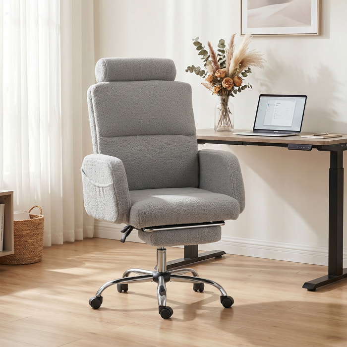 Silla de Escritorio con Reposapiés Tapizada en Borreguito Silla de Oficina con Respaldo Reclinable Reposacabezas Ajustable Respaldo Alto Altura Ajustable Gris Claro