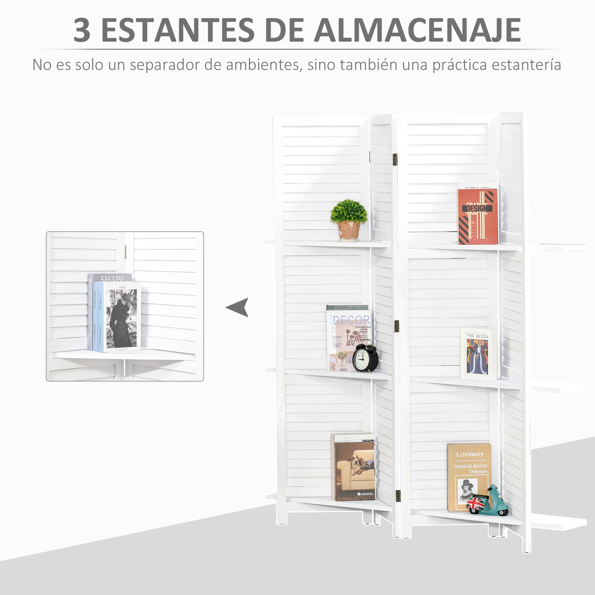 Biombo Separador de Madera de 4 Paneles Divisor de Habitaciones Plegable con 3 Estantes Extraíbles Diseño Persiana para Dormitorio Oficina 160x170 cm Blanco