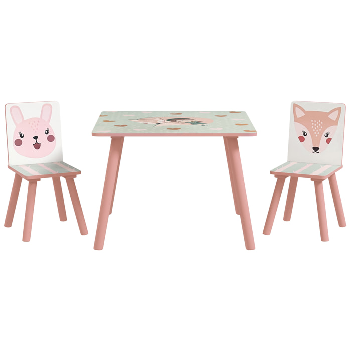 Ensemble table et chaises enfant motif renards lapin - table carrée + 2 chaises - bois pin MDF rose