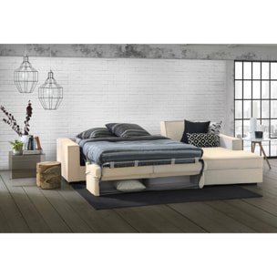 Divano letto con penisola Achico, Sofà apertura girevole, Penisola contenitore Destra, Braccioli standard, 100% Made in Italy, Cm 280x95h90, Beige