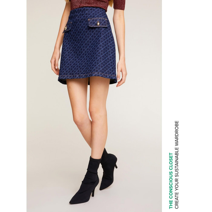 Motivi - Minifalda en denim estampado Double Love - Azul