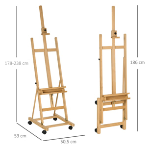 Chevalet d'artiste pliable sur roulettes hauteur réglable inclinaison réglable 90° max. niche rangement bois de hêtre