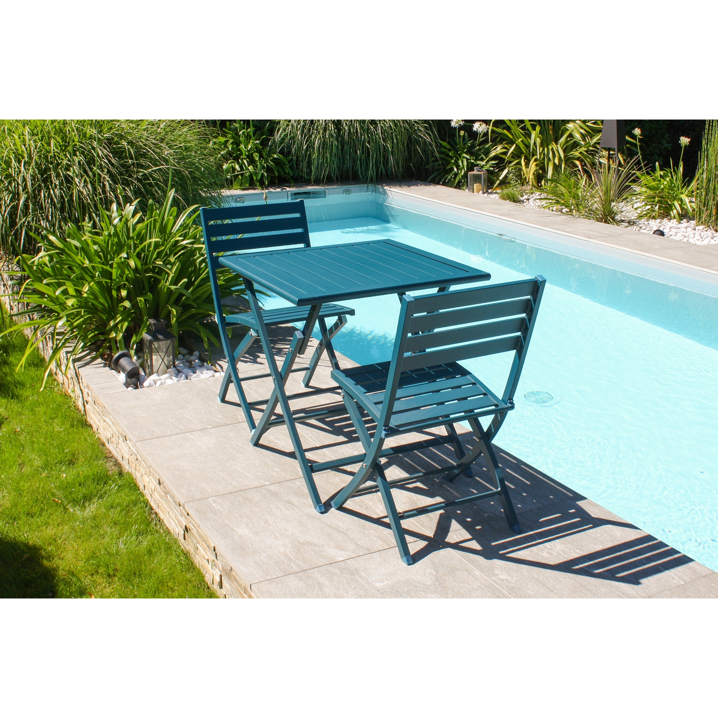 MARIUS - Chaise de jardin pliante en aluminium bleu canard