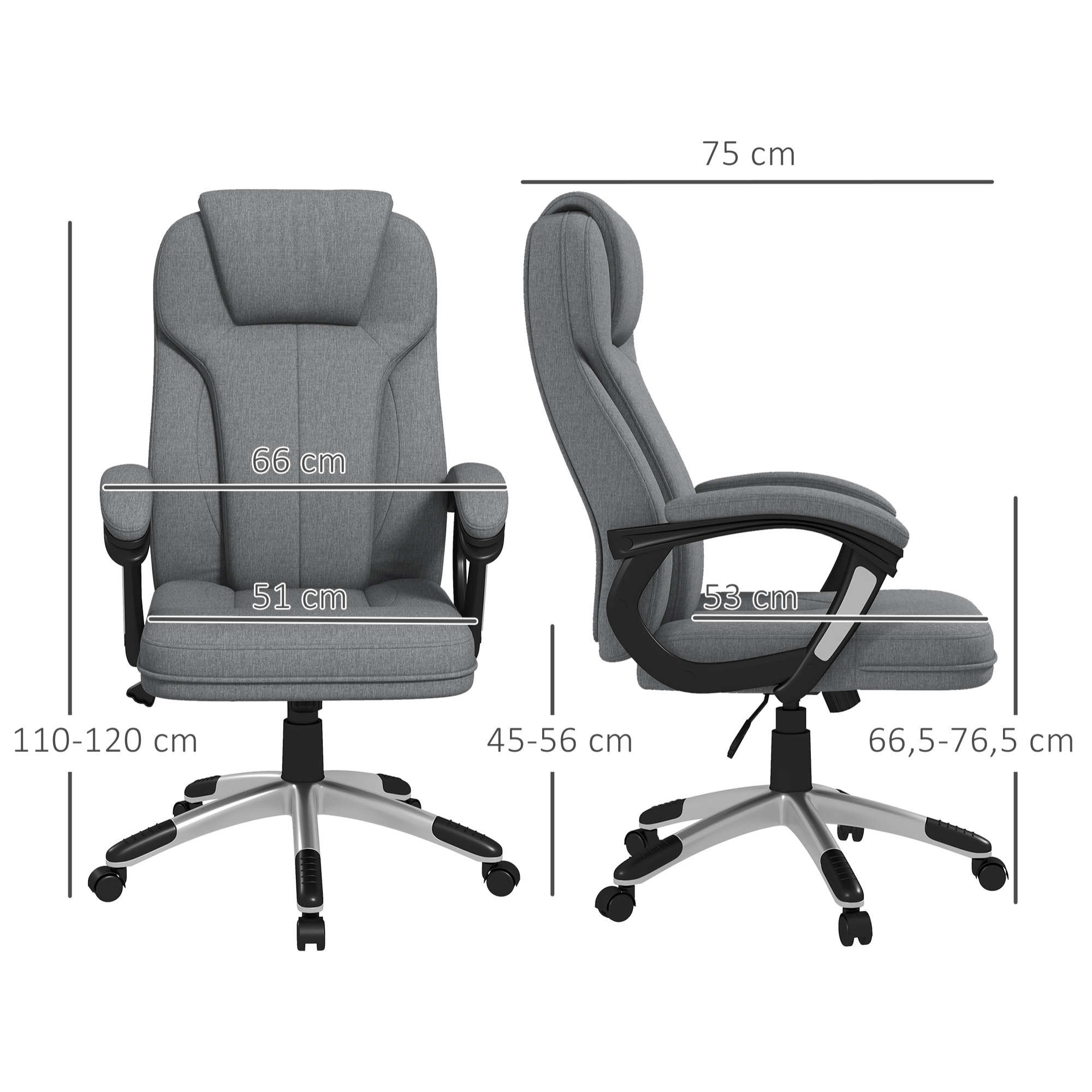 Silla de Oficina Silla de Escritorio Silla de Estudio Giratoria Tapizada en Tela con Función de Basculante Altura Ajustable Reposabrazos 66x75x110-120 cm Gris