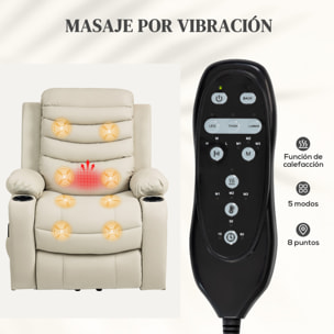 Sillón Relax Reclinable Eléctrico Levanta Personas, con Masaje Vibratorio y Calor, Sillón Elevador, con Puerto USB, Control Remoto, Reposapiés, Tapizado en PU, Bolsillos, Portavasos, Crema