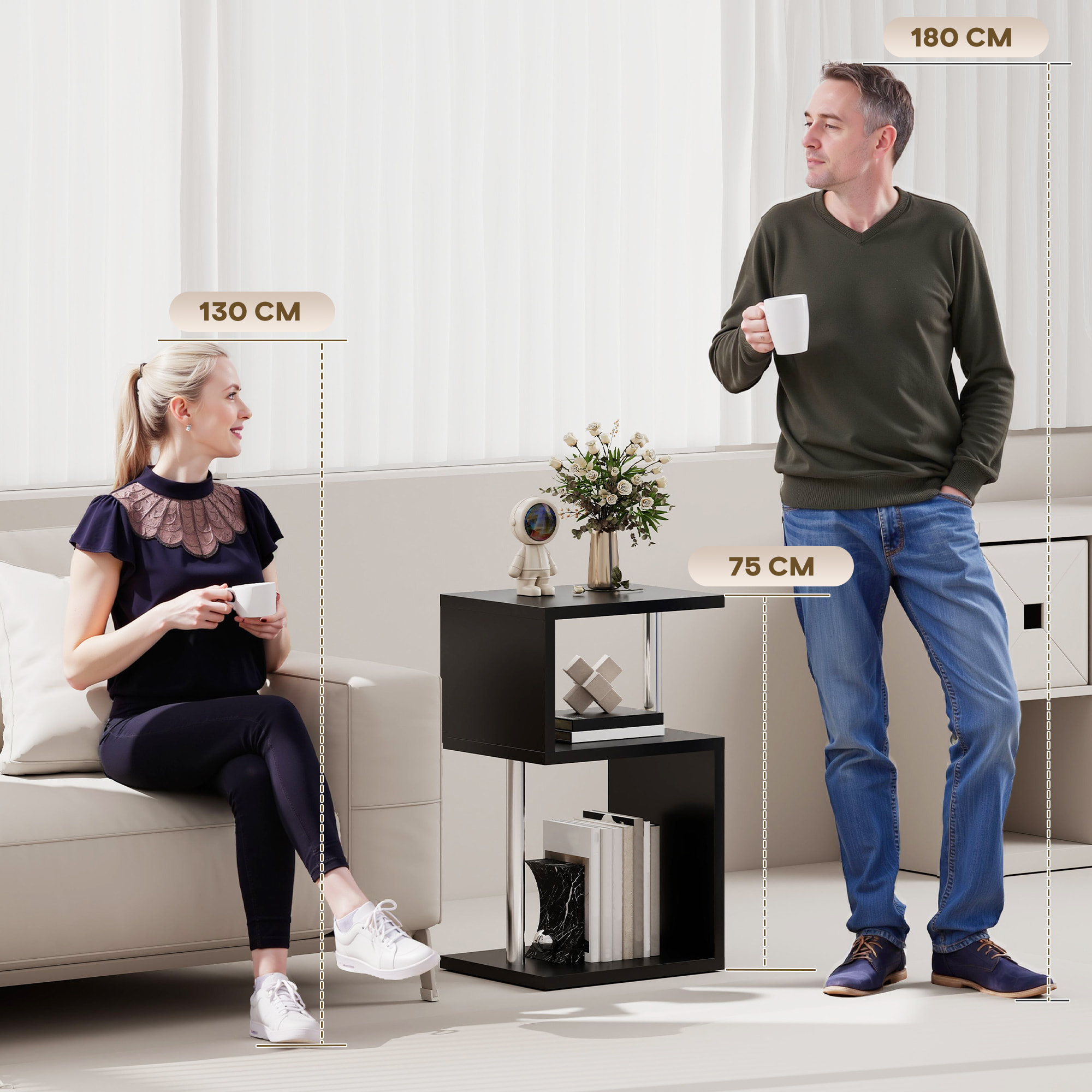 Mesa Auxiliar con Luz LED de 3 Niveles Mesita Auxiliar Moderno con Forma de S Estantes Abiertos y Estructura de Aluminio para Salón Dormitorio 44x38x75 cm Negro Brillo