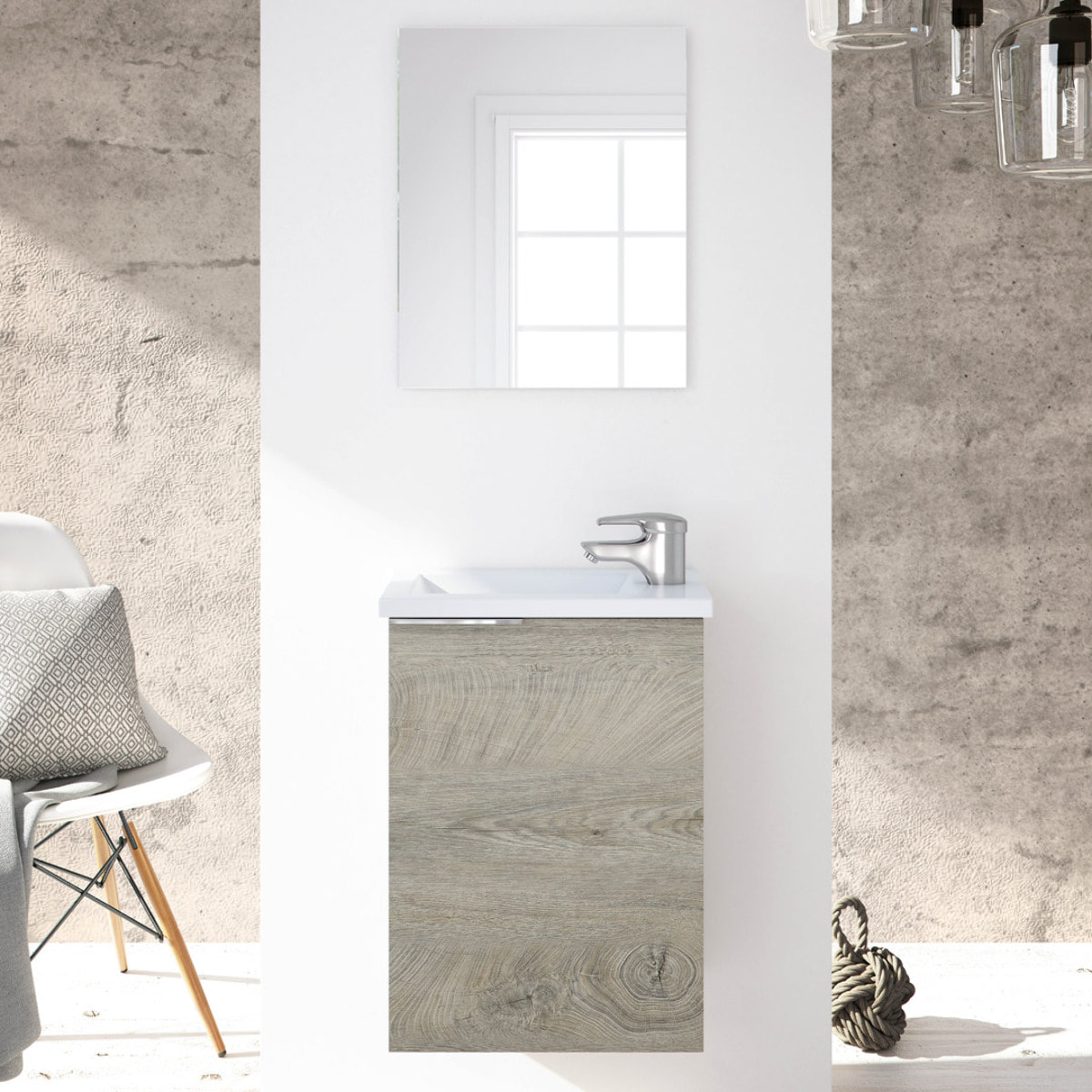Mueble Baño Con Espejo Y Lavabo Compact 58x40x22 Cm Roble Alaska
