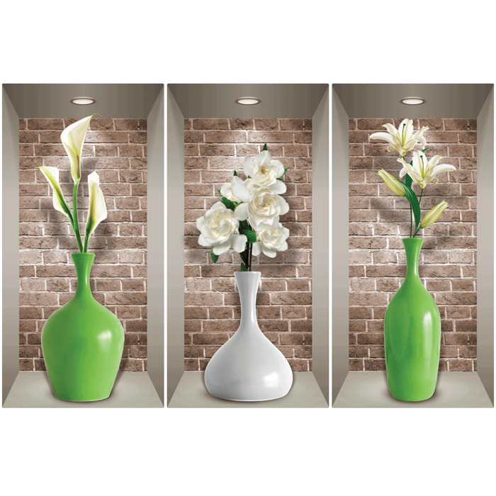 Stickers muraux 3D | Sticker Mural Autocollant effet 3D vases et fleurs blanches - Stickers adhésifs 3D Chambre Salon Trompe l'oeil