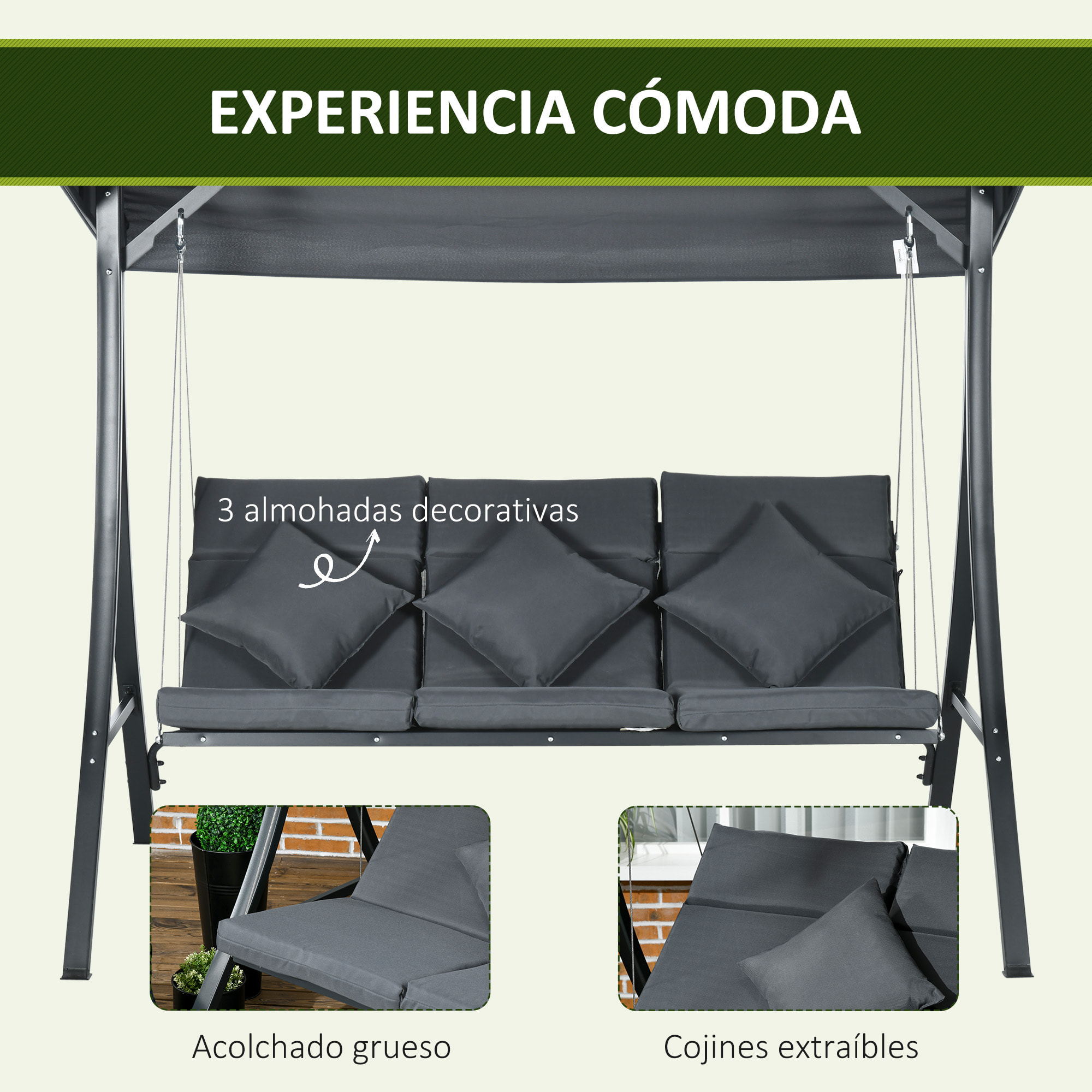 Columpio de Jardín Exterior de 3 Plazas, Balancín de Jardín Exterior con Techo Ajustable Cojines, Almohadas y Estructura de Acero, para Terraza, Patio, Carga 320 kg, 202x115x168 cm, Gris