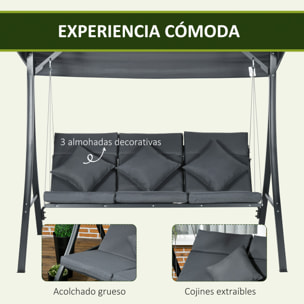 Columpio de Jardín Exterior de 3 Plazas, Balancín de Jardín Exterior con Techo Ajustable Cojines, Almohadas y Estructura de Acero, para Terraza, Patio, Carga 320 kg, 202x115x168 cm, Gris