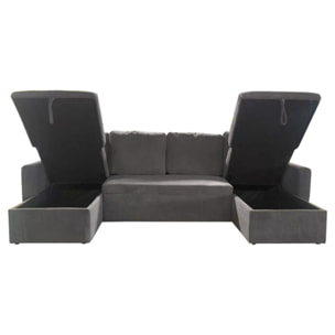 ELLA Canapé panoramique convertible avec coffres 4 places en velours côtelé gris