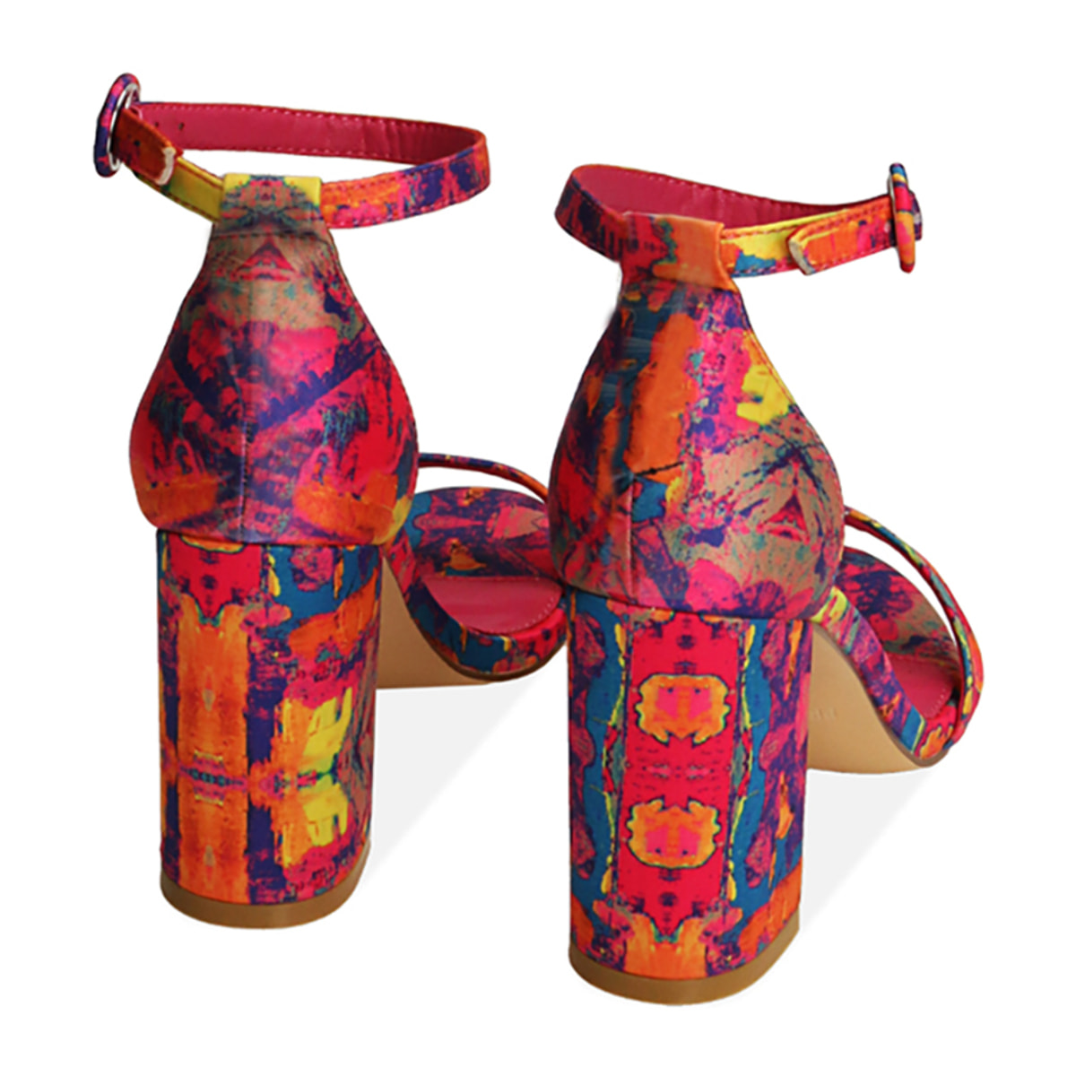 Sandali multicolor fucsia in raso, tacco 9 cm