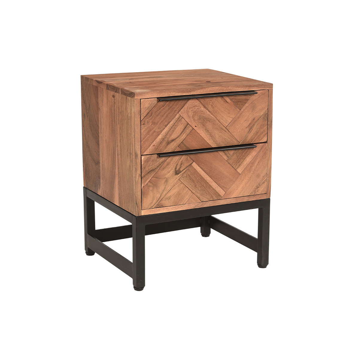 Table de chevet avec rangements 2 tiroirs à motifs chevrons en bois massif et métal noir STICK