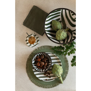 J-Line Tasse et sous-tasse lignée - grès - vert olive/blanc - set de 4