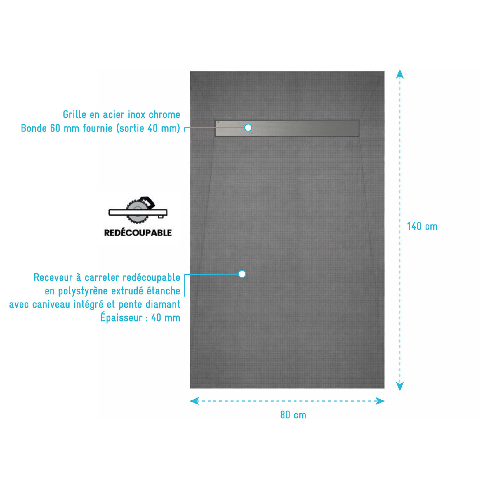 Receveur de Douche à Carreler 140x80cm à Ecoulement Linéaire - Grille Chrome et Bonde