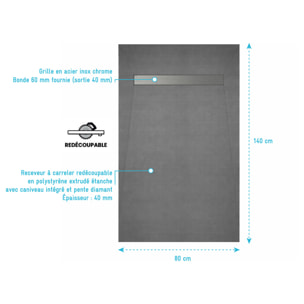 Receveur de Douche à Carreler 140x80cm à Ecoulement Linéaire - Grille Chrome et Bonde