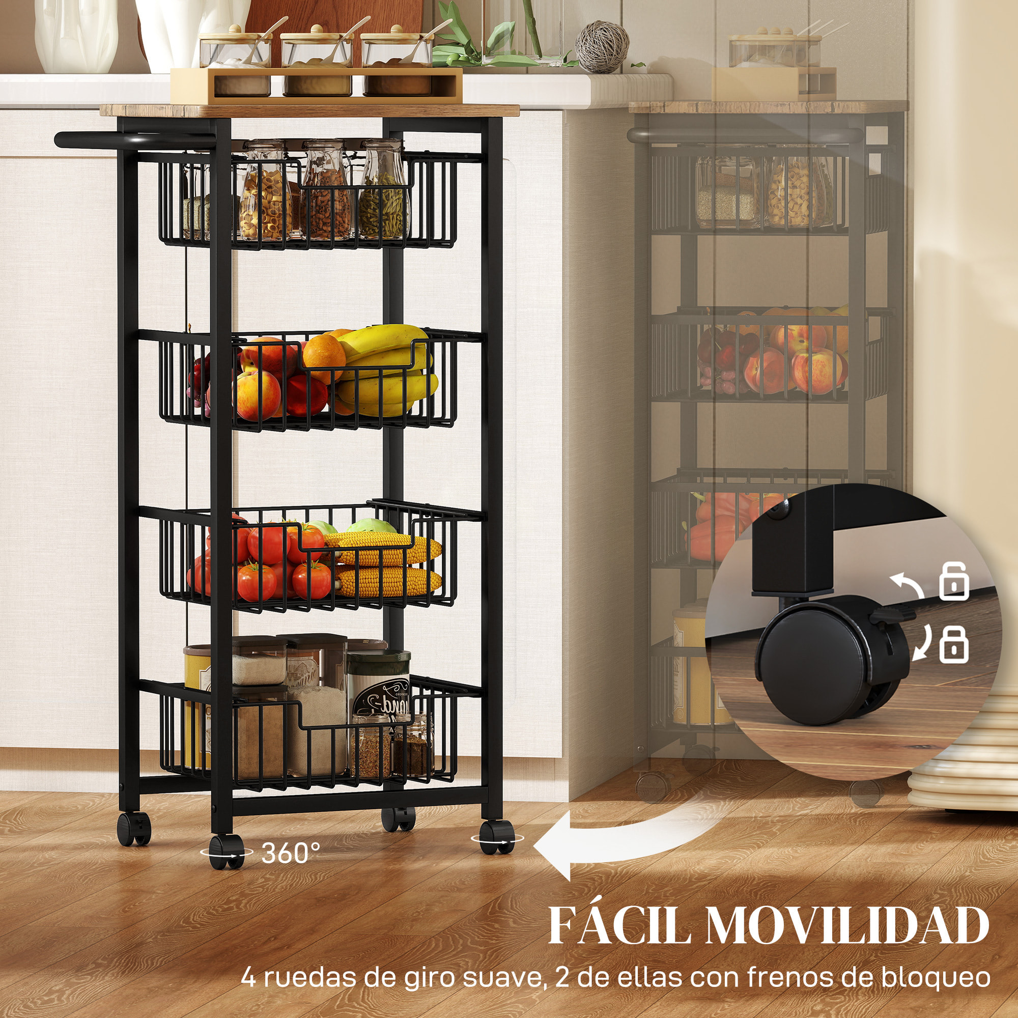 Carrito de Cocina, Carrito Verdulero para Cocina con Ruedas, 4 Cestas Deslizables y Marco de Acero, Carrito Auxiliar para Comedor, 49,5x31x91 cm, Roble