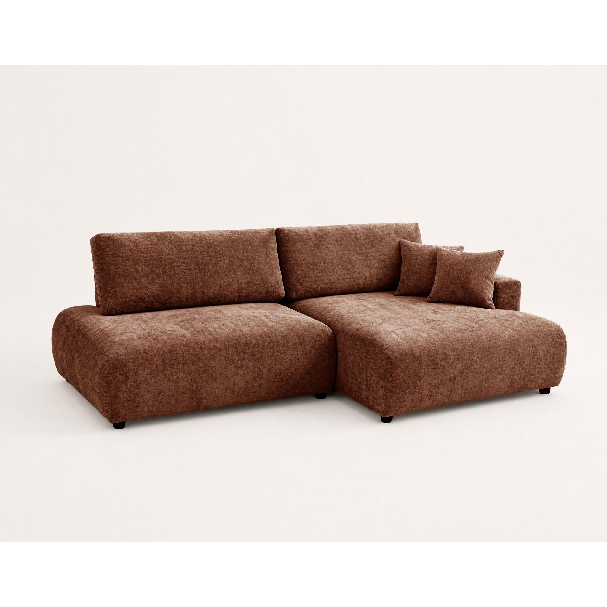 Pivoine - Canapé d'angle ouvert droit 4 places convertible avec coffre en tissu texturé - Terracotta