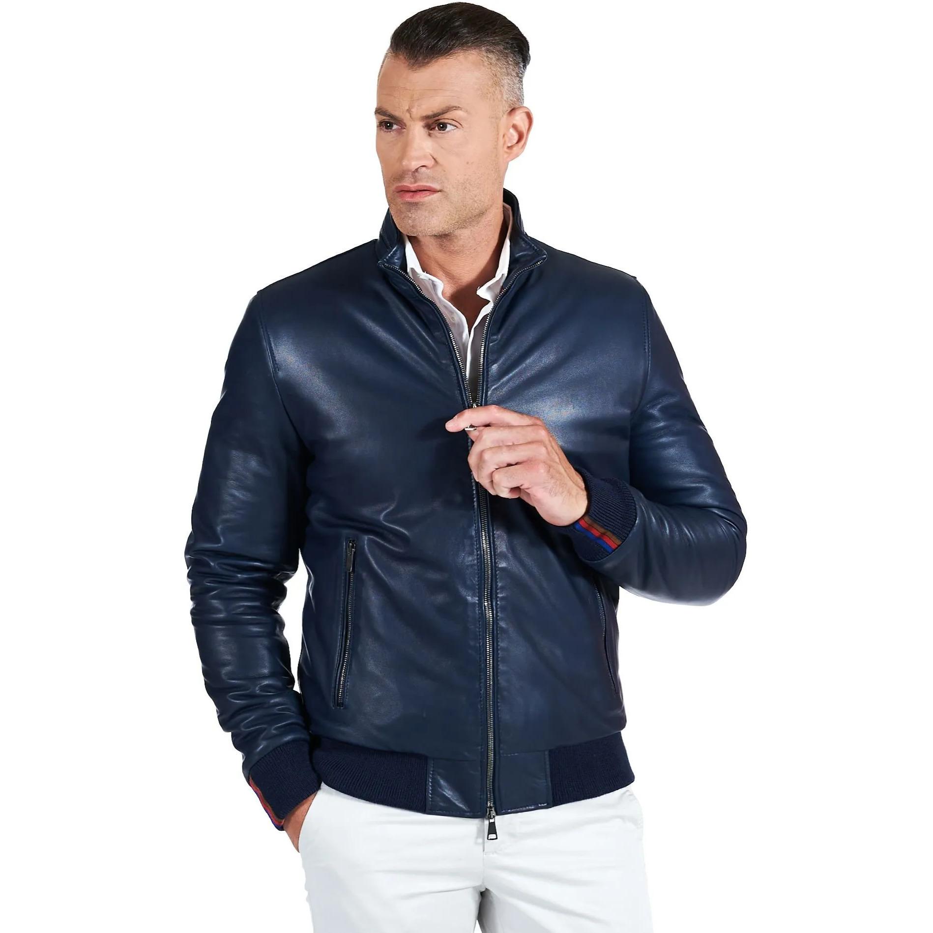 Bomber imbottito in pelle nappa blu collo coreana con cerniera