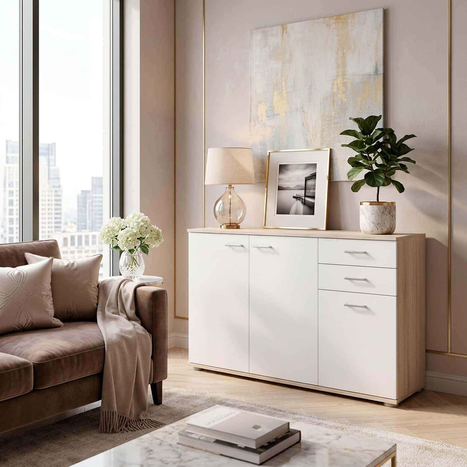 Credenza Mobile Soggiorno Madia Moderna Cucina Sala Pranzo Ingresso Minimal Contenitore Ante Cassetti Arredo Salvaspazio 103x 70x 35 Cm Rovere Chiaro