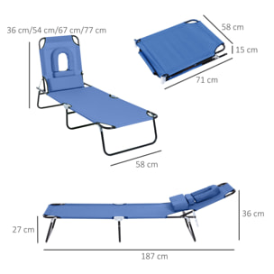 Bain de soleil pliable transat inclinable 4 positions chaise longue de lecture 3 coussins fournis bleu