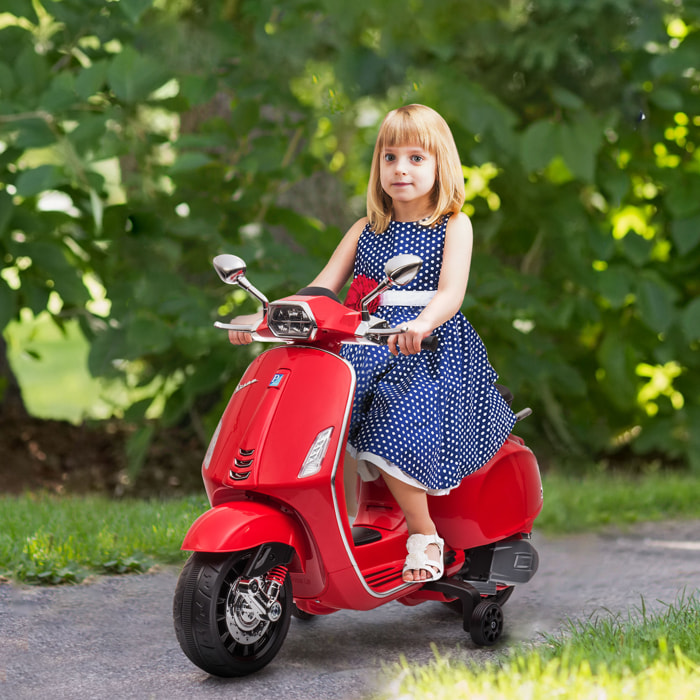 Moto Eléctrica para Niños de +3 Años con Licencia Vespa Moto de Batería para Niños 6V con USB MP3 Luz LED Radio FM Velocidad 3 km/h Carga 35 kg Rojo